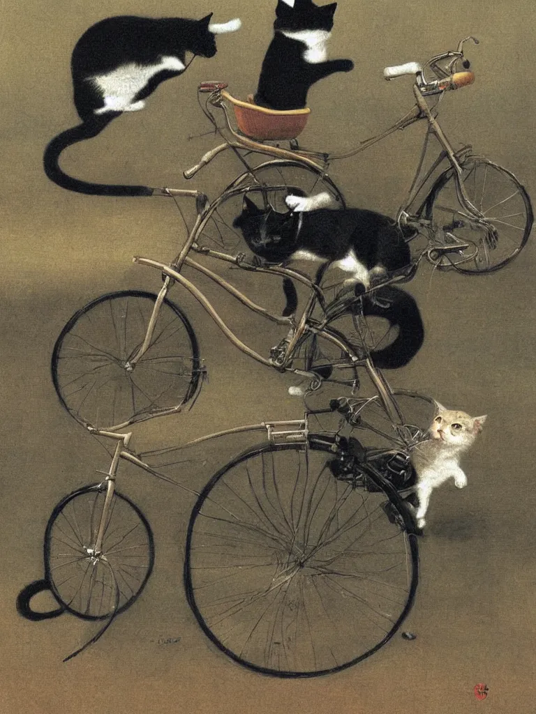 Image similar to A cat driving a bicycle, an illustration by Michael Sowa, but as photography