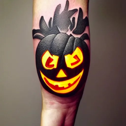 Image similar to cartoon tattoo of a halloween pumpkin with glowing eyes on arm with light shading in the background