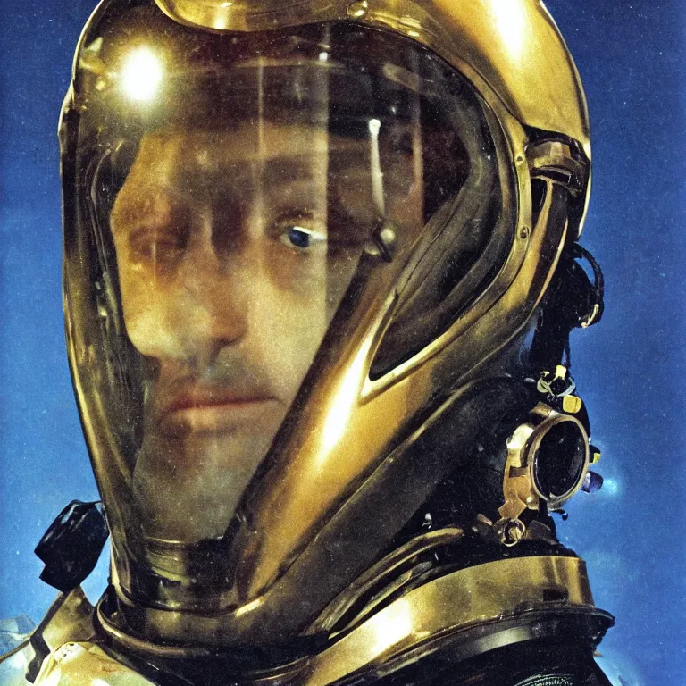 Image similar to beautiful extreme closeup portrait photo in style of frontiers in human deep diving helmet Helmets of Emperor Charles V the Wise science fashion magazine September retrofuturism edition, highly detailed, soft lighting