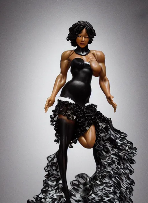 Prompt: Product Introduction Photos, 4K, Full body, 80mm resin detailed miniature of a very muscular Black Woman in white and lacy ruffled mini-skirt, dark skin, black hair