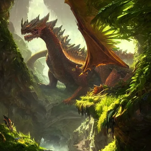 Prompt: Giant Dragon resting in a cave, natural light, lush plants and flowers, elegant, intricate, fantasy, atmospheric lighting, by Greg rutkowski, league of legends splash art