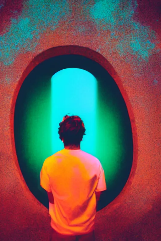 Image similar to kodak color plus 2 0 0 photograph of a guy looking into a bright otherworldly swirling glowing portal, back view, vaporwave colors, grain, moody lighting, moody aesthetic,
