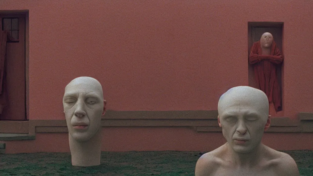 Image similar to the giant human head made of wax above the house, film still from the movie directed by Wes Anderson with art direction by Zdzisław Beksiński, wide lens