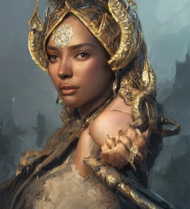 Prompt: a finely detailed full body portrait of a dusky queen in a medieval warzone, symmetrical facial features, intricate, elegant, digital painting, trending on Artstation, concept art, smooth, sharp focus, illustration, by Ruan Jia and Mandy Jurgens and Artgerm