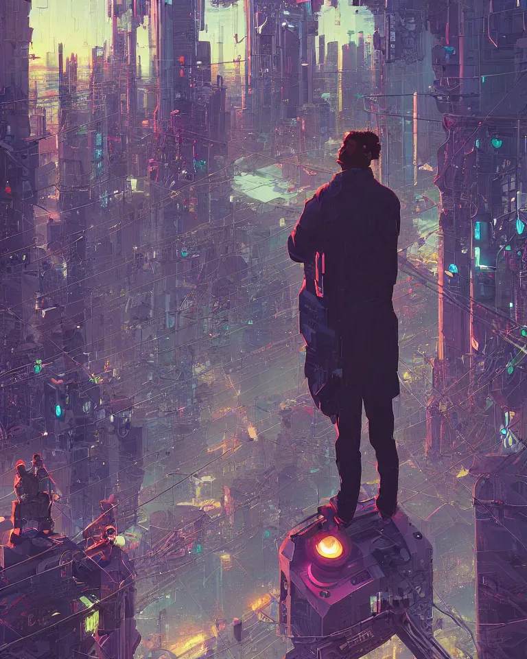 Image similar to a curly - haired persian guy standing on top of a bridge over a city, cyberpunk art by james gilleard, cgsociety, retrofuturism, synthwave, cityscape