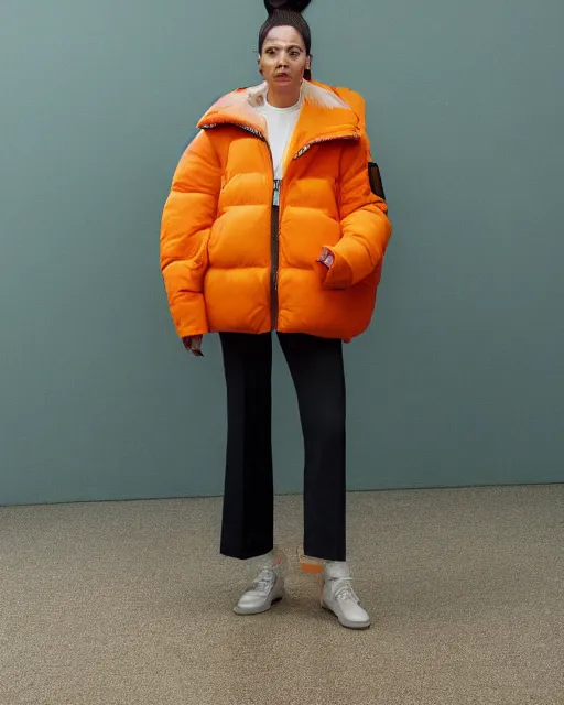 Prompt: a puffy and oversized winter jacket mango fruit jacket, worn by a very thin woman, designed by virgil abloh and wes anderson, photorealistic, modern