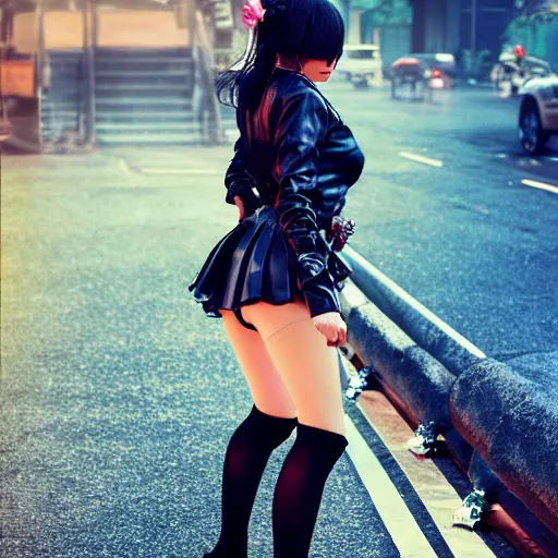 Image similar to a dynamic, epic cinematic 8K HD movie shot of a japanese beautiful cute young J-Pop idol actress yakuza rock star girl wearing leather jacket, miniskirt, nylon tights, high heels boots, gloves and jewelry. Motion, VFX, Inspirational arthouse, at Behance, with Instagram filters