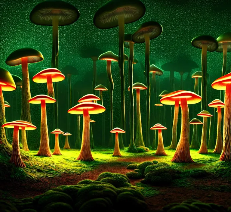 Prompt: hyperrealism photography hyperrealism concept art of highly detailed glowing with a million different species of mushrooms in forest at night highly detailed futuristic ( fantasycore ) city by wes anderson and hasui kawase and scott listfield sci - fi style hyperrealism rendered in blender and octane render volumetric natural light