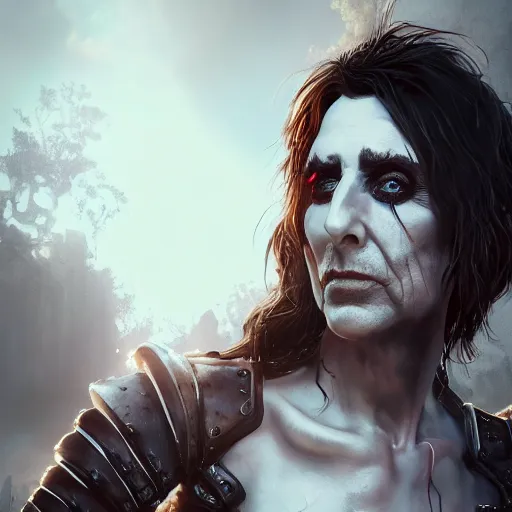 Image similar to stunning headshot of Alice Cooper, with smooth and streamlined armor, standing and posing elegantly, well detailed face, beautiful digital art, artstation, DeviantArt, FurAffinity, professional, depth of field, close-up, hd, octane render, sunset lighting