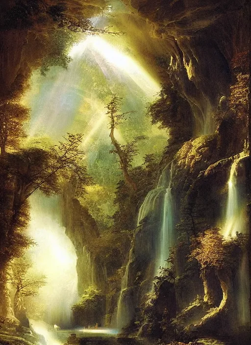 Image similar to a deep cave entrance, waterfalls, harmony of nature, infinite dawn, angelic light, sparkling dew, epic atmosphere, by asher brown durand, by yoshitaka amano