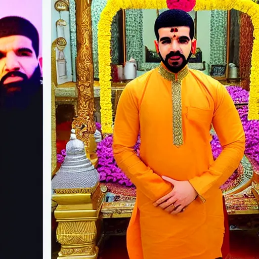 Prompt: photograph of a man in a kurta, standing in a hindu kovil, drake the rapper's face