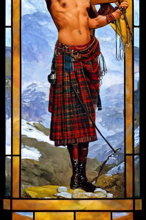 Prompt: a symmetrical homoerotic tarot card of a handsome shirtless desi adventurer wearing a scottish tartan kilt on a snowy mountain peak, by raja ravi varma. he has a wooden staff, cowboy hat, and boots. background is a stained glass golden sunrise. art deco, art nouveau. by louis comfort tiffany, by albert bierstadt. trending on artstation.