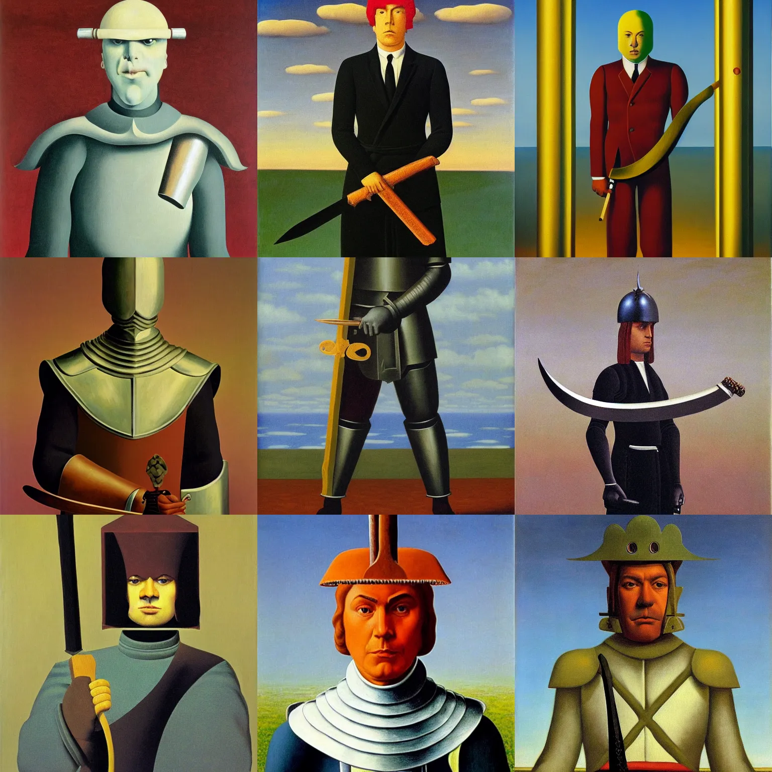 Prompt: portrait of a warrior wearing shining armor, holding a long sword, by rene magritte, oil on canvas