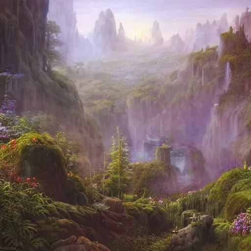 Image similar to a beautiful and highly detailed matte painting of a magical garden deep in the misty mountains, intricate details, epic scale, insanely complex, 8 k, sharp focus, hyperrealism, by caspar friedrich,