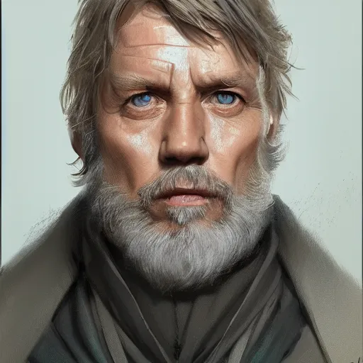 Prompt: portrait of a man by Greg Rutkowski, old jedi Master Luke Skywalker from Star Wars Expanded Universe, he is about 60 years old, highly detailed portrait, digital painting, artstation, concept art, smooth, sharp foccus ilustration, Artstation HQ