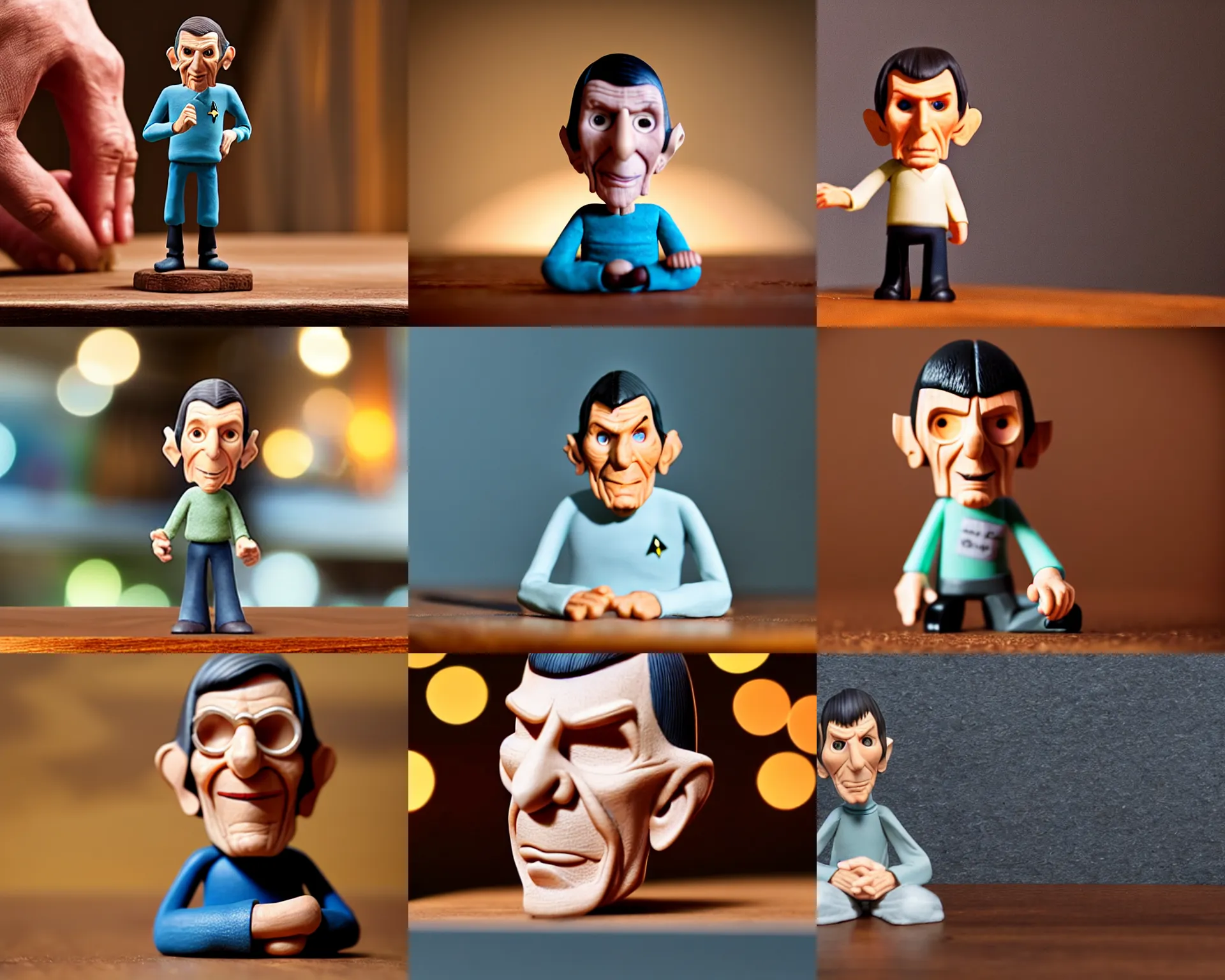 Prompt: leonard nimoy figurine by pixar sad bokeh on wooden table.