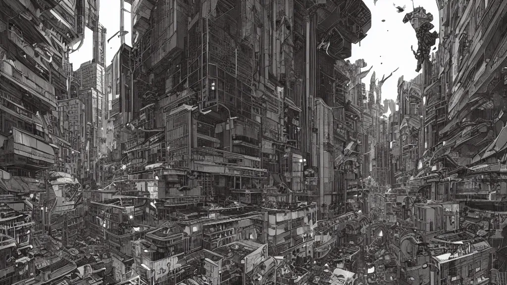 Image similar to very simple, prophet graphic novel, ilya kuvshinov, mcbess, rutkowski, simon roy, roset, kuvshinov, illustration of decrepit cyberpunk arcologies in dystopian megalopolis ruins with spaceship debris floating in space, wide shot, high contrast colors, very anime!!! anime!! intricate details, deep shadows, astrophotography