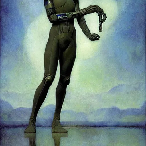 Prompt: masterpiece full body portrait of Ripley with a perfect body and transparent suit on Dune, by Edgar Maxence and Ross Tran and Michael Whelan and Gustav Klimpt