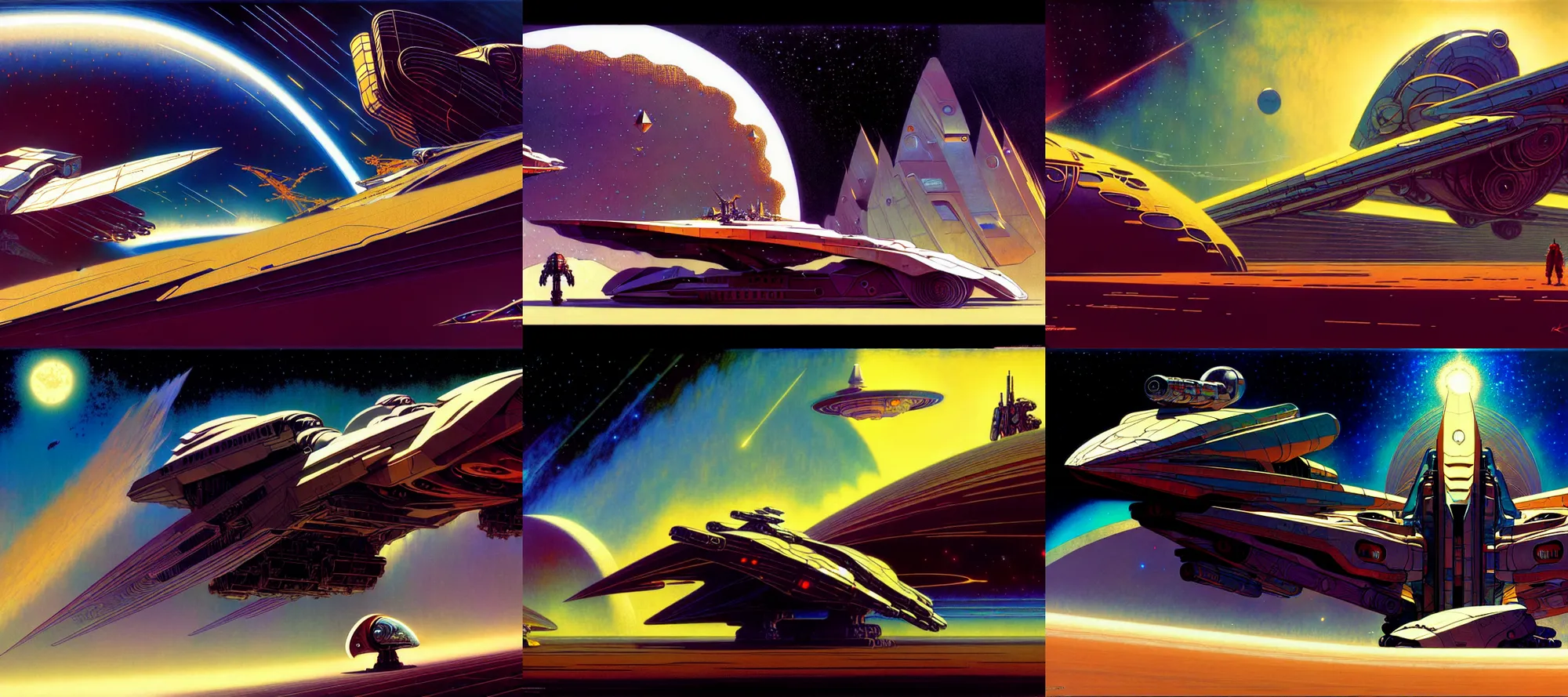 Prompt: concept art, exterior illustration of a starship, cinematic, dynamic composition, jean giraud, sparth, craig mullins,, omni magazine, alphonse mucha, syd mead, mecha, rule of thirds, gustav klimt