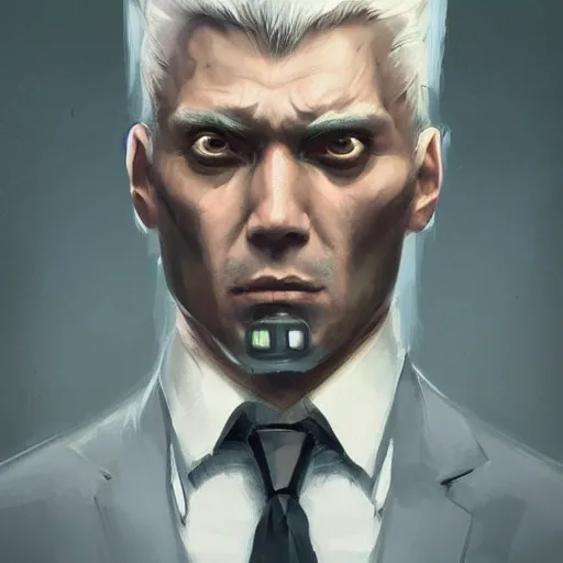 Prompt: Portrait of a man by Greg Rutkowski, he is about 30 years old, mxiture between japanese and russian, white hair, sinister attitude, cyber eyes implants, punchable face, he is wearing a futuristic hitman outfit, highly detailed portrait, scifi, digital painting, artstation, concept art, smooth, sharp foccus ilustration, Artstation HQ