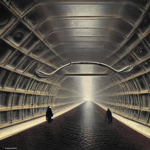 Prompt: computational tunnels, a tunnel complex full of mechanical computers and hooded robots, dramatic baroque oil painting, chiaroscuro