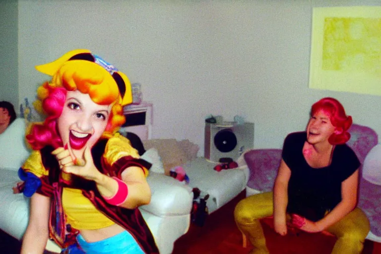 Image similar to a funny unexpected photo made with a disposable camera of a real life Princess Peach having fun in my livingroom, in color