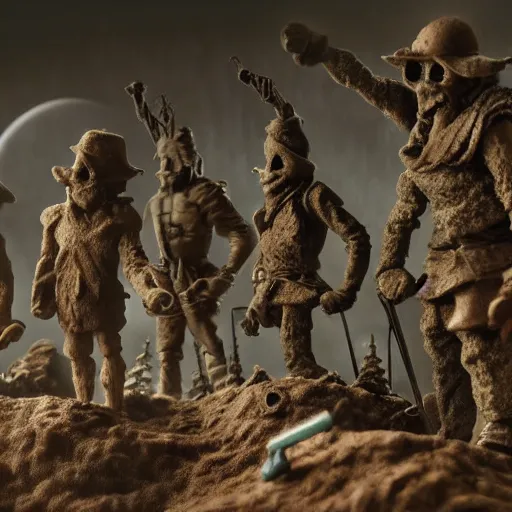 Image similar to the war between worlds extremely detailed claymation art, dark, moody, foggy