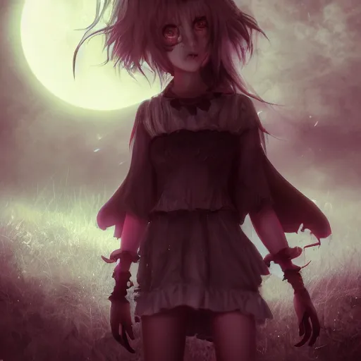 Image similar to full shot portrait of angry darkness cute anime girl at moonlight, gothic wearing, inspired by Tim Burton, Norihiro Yagi, WLOP, Marc Simonetti, Amano, Andrei Riabovitchev, detailed, unreal engine 4k volumetric light, fog,