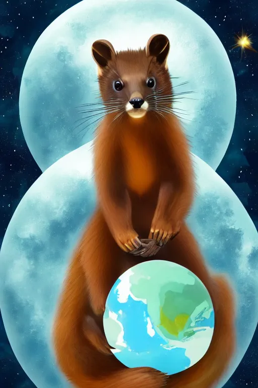 Prompt: giant pine marten in space holding a planet, digital art, trending on artstation