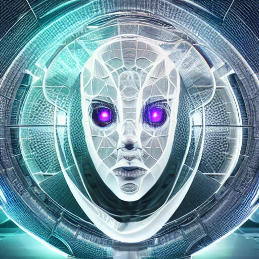 Image similar to an insanely detailed cibernetic artwork of a futuristic artificial intelligence superstar, extremely detailed water texture, centered image, perfectly symmetrical alien face, with frames made of detailed fractals, octane render, 4k, insanely detailed, detailed grid as background, cgi