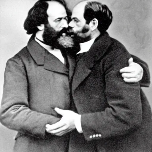 Image similar to Karl Marx and Sigmund Freud hugging and kissing, 1920, Bedroom backround