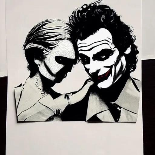 Image similar to mimmo rottela and banksy as joaquin phoenix skinny joker holding hand lady gaga harley queen, ultra photorealistic, intricate details, pop art style, concept art, 3 colors, 4 d, smooth, sharp focus