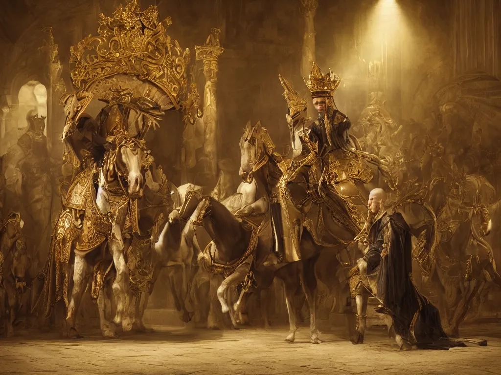 Prompt: man placing crown on the head of horse, throne room setting, cheesy tacky cinematic lighting, style of Aldo Di Gennaro