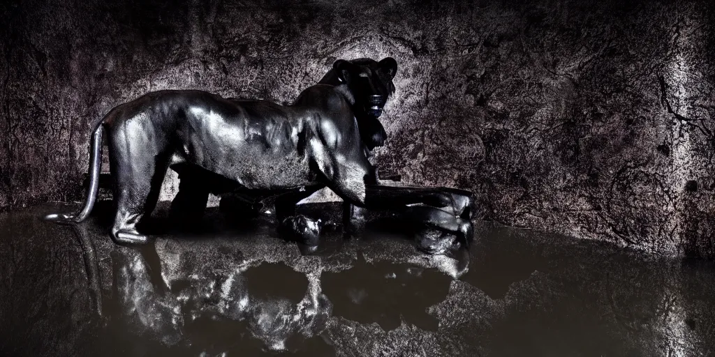 Image similar to the black lioness made of tar, dripping tar, dripping goo, sticky black goo, bathing in the pit filled with tar, dripping goo, sticky black goo. photography, dslr, reflections, black goo, rim lighting, cinematic light, tar pit saturated