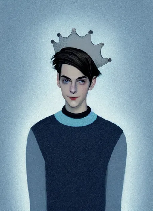 Image similar to portrait of teenage jughead jones wearing a light grey crown, crown, blue turtleneck, 1 9 5 0 s, closed eyes, photorealistic, black hair, glowing lighting, intricate, elegant, glowing lights, highly detailed, digital painting, artstation, concept art, smooth, sharp focus, illustration, art by wlop, mars ravelo and greg rutkowski