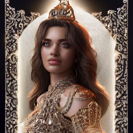 Prompt: portrait of wonderful princess of diamond with fair skin, ornate with diamonds, 8 k, gorgeous, intricate, detailed, glowing white accent lighting, dramatic lighting, octane render