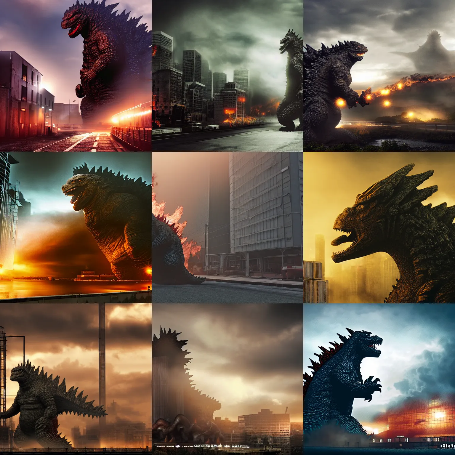 Prompt: godzilla attacking industrial building, dramatic lighting, evening, mist, vray