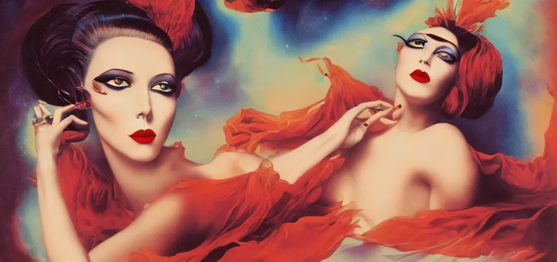 Prompt: an 8 0 s portrait of a woman with dark eye - shadow and red lips with dark slicked back hair dreaming acid - fueled hallucinations by serge lutens, rolf armstrong, delphin enjolras, peter elson, flat surreal psychedelic colors