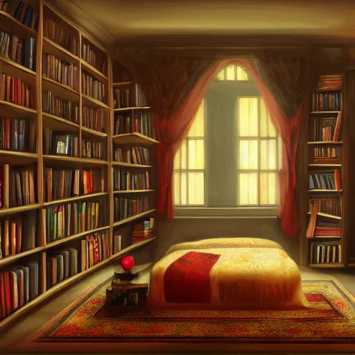 Image similar to fantasy bedroom, bookshelves, cozy, warm glow, digital art, oil on canvas, trending on artstation, ornate