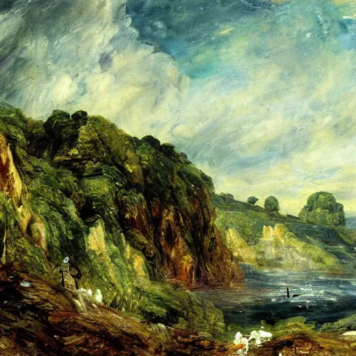 Prompt: detailed painting of a lush natural scene on an alien planet by john constable. beautiful landscape. weird colourful vegetation. cliffs and water.