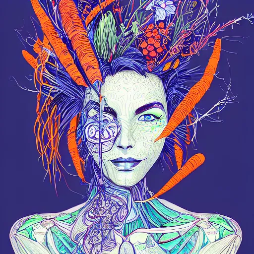 Image similar to the head of an incredibly beautiful and elegant woman partially made of carrots and blueberries, an ultrafine detailed illustration by james jean, final fantasy, intricate linework, bright colors, behance contest winner, vanitas, angular, altermodern, unreal engine 5 highly rendered, global illumination, radiant light, detailed and intricate environment