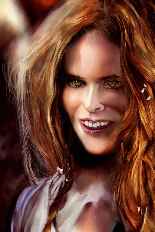 Image similar to mix of beautiful young maria shriver, mariel hemmingway, brooke shields, nicole kidman and elle macpherson as a vampire showing vampire teeth, ready to bite, thin lips, hair tied up in a pony tail, dark blonde hair, colorful, artstation, cgsociety