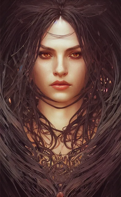 Prompt: portrait of a dark goddess, dark filaments, shadows, menacing, frightening, intricate, headshot, highly detailed, digital painting, artstation, concept art, sharp focus, cinematic lighting, illustration, art by artgerm and greg rutkowski, alphonse mucha, cgsociety