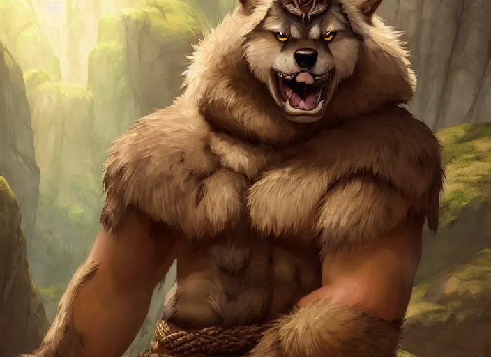 Image similar to burly tough character feature portrait of the anthro male anthropomorphic wolf fursona animal person wearing tribal primitive caveman outfit belt standing in the entrance to the cave, center framed character design stylized by charlie bowater, ross tran, artgerm, makoto shinkai, detailed, soft lighting, rendered in octane