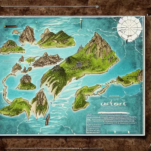 Image similar to imaginary map of an island, drawing of different elements in the lands, different realms, blueprint, infographic, on paper, natural colors, vintage, with notes, highly detailed, trending on artstation, fantasy art