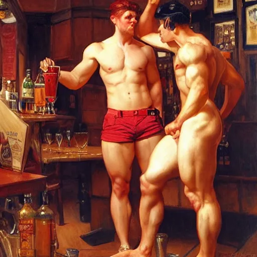 Image similar to attractive muscular male with red hair, and muscular attractive male with black hair, shorts, drinking their hearts out, in a pub. very defined and highly detailed painting by j. c. leyendecker, gaston bussiere, craig mullins 8 k