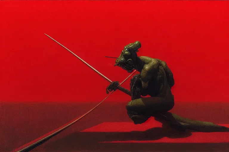 Image similar to only with red, a red samurai do seppuku, tokio, a lot of frogs watch, in the style of beksinski, parts by edward hopper, parts by rodcenko, parts by yue minjun, intricate and epic composition, red by caravaggio, insanely quality, highly detailed, masterpiece, red light, artstation, 4 k