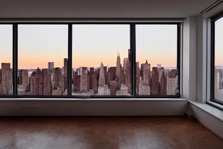 Image similar to photograph inside an apartment with large window overlooking manhattan new york city, sunrise!! dawn, early morning light, cinematic, epic scene, volumetric light, highly detailed, 24mm, f8, fujifilm, Daniel Kordan, Flickr, 500px,