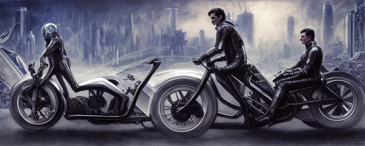 Prompt: nikola tesla riding a futuristic motorbike designed by h. r. giger, nikola is driving through a city with heavy traffic, rule of thirds, uhd 8 k, high detail, masterpiece, cinematic, bokeh, hyperdetailed, photorealistic, hyperrealism, intricate, by stanley artgerm lau, greg rutkowski, moebius