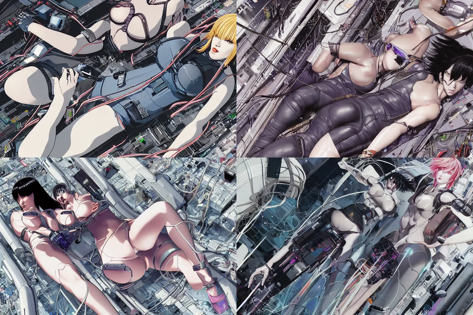 Prompt: a finely composed cyberpunk illustration of a group of motoko kusanagi-like white female androids in style of hajime sorayama, lying on an abstract, empty, white floor with their body parts scattered around and cables and wires coming out, by katsuhiro otomo and masamune shirow, hyper-detailed, intricate, colorful, view from above, wide angle, close up, beautiful